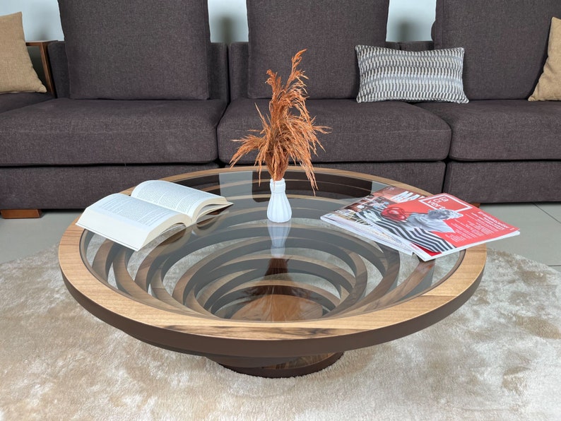 Mesa de centro natural en blanco y negro para sala de estar, mesa de centro de madera ovalada redonda grande, mesa personalizada decorativa moderna con tapa de vidrio Walnut