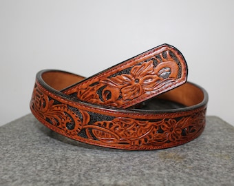 70s Vintage Tooled Leather Waist Belt Tan Floral Cutout Corset Boho Vintage Brown Leather Belt With Floral Buckle, Bohemian  main image 4
