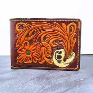 Handmade Leather Tooled Skull Bifold Wallet Brown