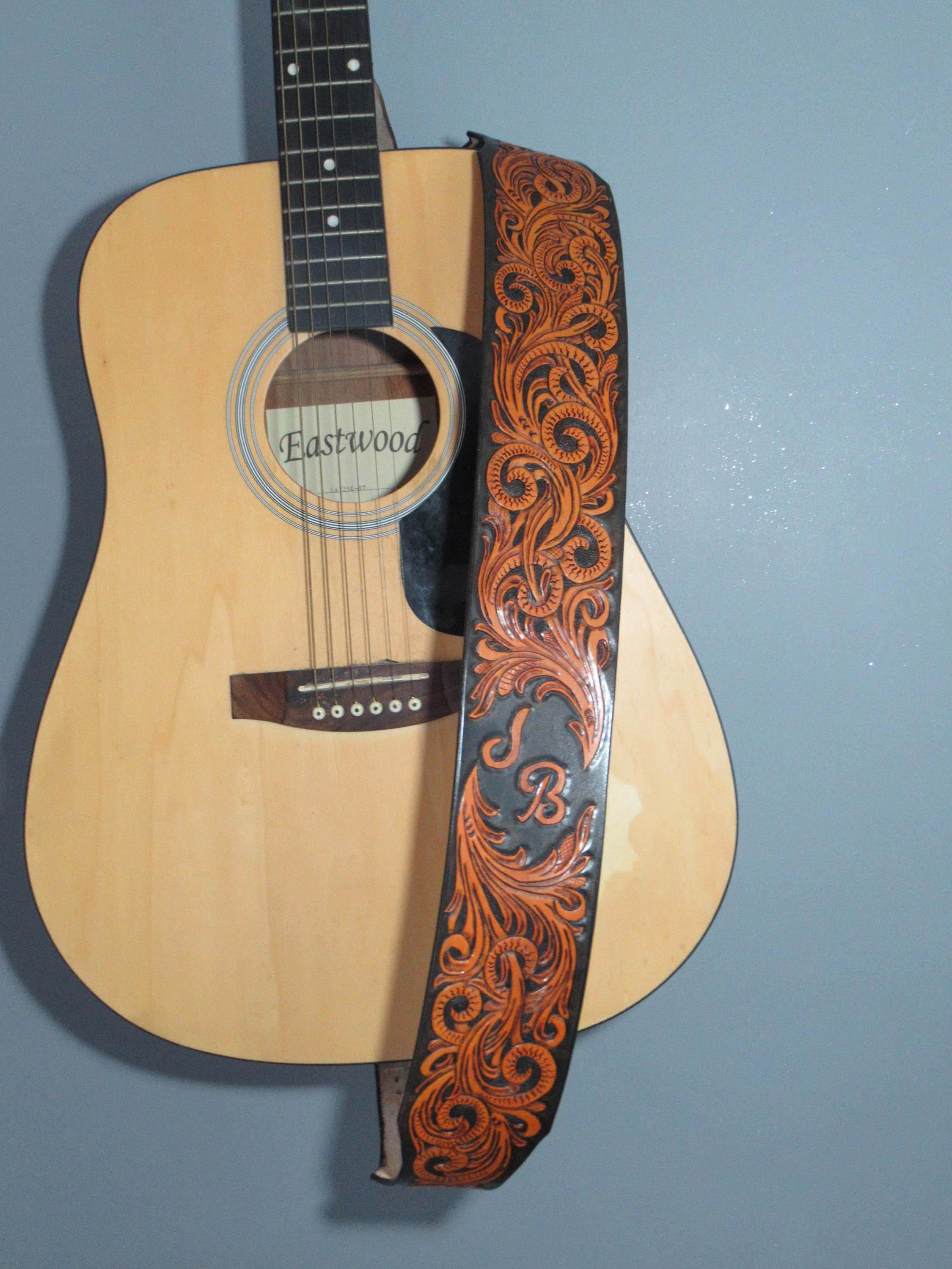 Custom Leather Chain Link Guitar Strap Back Alley Brawler Tooled Opt Heavy  Metal