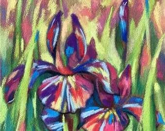 Gemälde Iris Pastellmalerei Mini-Kunst Sommerblumen Originalgemälde Blumengemälde Lila Blumen Blumengarten Blühende Iris