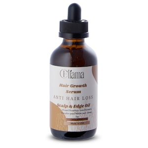May include: A brown glass bottle of Clíama Hair Growth Serum with a black dropper. The label reads "ANTI HAIR LOSS" and "Scalp & Edge Oil." The bottle contains 100ml of product and is made in the USA.