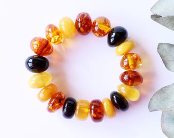 Handmade mix color Baltic amber bracelet, baroque tablet shape massive natural amber bracelet for adult, multicolor large amber bracelet