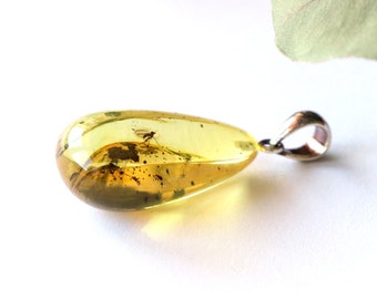 Pendentif en ambre à inclusions, perle d'ambre de la Baltique naturelle avec mouche, bijoux à inclusion d'ambre, pendentif en ambre de la Baltique, perle d'ambre citron, mouche en ambre