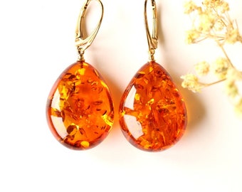 Large orange Baltic amber earrings, unique drop shape gemstone earrings, genuine massive dangle amber earrings,anniversary gift idea for her