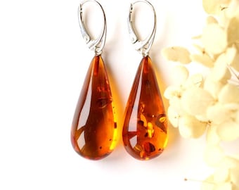 Shiny amber earrings, cognac color teardrop amber earrings, natural Baltic amber, gold amber massive earrings, golden handmade earrings