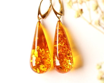 Very large dangle amber earrings, drop shape orange shiny massive amber earrings, natural baltic amber jewelry, cognac honey gem earrings