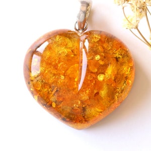 Amber Heart Pendant, Lovely Amber Jewelry, Natural Baltic Amber Stone, Sterling Silver Clasp, Heart Shape Pendant, Love Jewelry Pendant