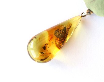 Baltic amber pendant with insects, pendant with small inclusions, amber with small flys, natural handmade baltic amber, organic drops amber