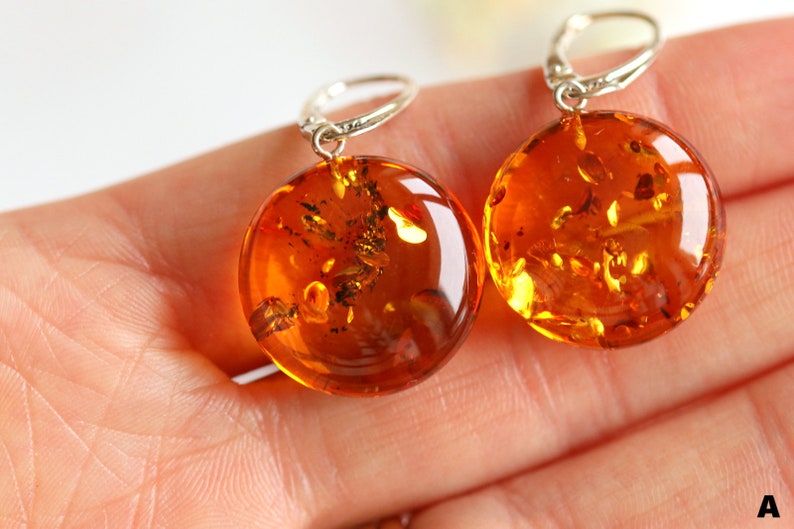 Dangle amber earrings, amber jewelry, round amber earrings, sterling silver clasp, natural Baltic amber,cognac amber earrings,round earrings image 4