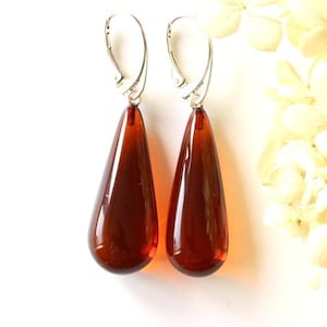 Cherry color Baltic amber earrings, clear dark red amber earrings, classic drop shape earrings with silver, long dangle amber earrings