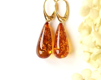Golden color amber earrings, dangle earrings, teardrop shape amber, cognac amber, gemstone earrings, natural baltic amber, amber jewelry