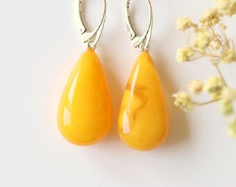 Yellow color teardrop amber earrings unique color orange amber jewelry natural Baltic amber luxury earrings for women gem earrings gift
