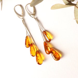 Long cognac amber earrings with sterling silver, gem earrings, natural baltic amber jewelry, dangle gold amber silver earrings,gift for wife