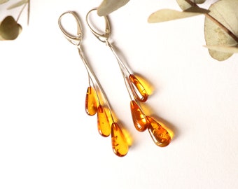 Boucles d'oreilles longues en ambre cognac avec argent sterling, boucles d'oreilles en pierres précieuses, bijoux en ambre baltique naturel, boucles d'oreilles en argent ambre doré, cadeau pour femme