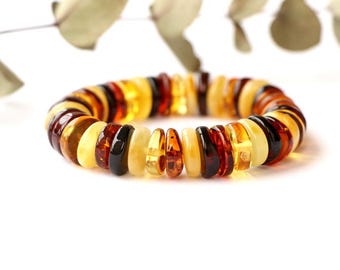 Colorful natural amber bracelet, genuine Baltic amber jewelry for adult, fashion handmade amber bracelet, tablet shape multicolor amber