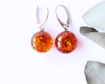 Round cute dangle Baltic amber earrings, amber and silver jewelry, oval orange cognac color natural handmade amber earrings jewellery