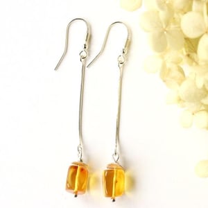 Long square dangle amber earrings, cognac lemon amber jewelry, natural Baltic amber, amber silver jewelry, long gemstone earrings