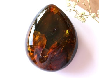 May include: A teardrop-shaped amber pendant with inclusions of plant matter. The amber is a deep, rich brown color with hints of gold and red.