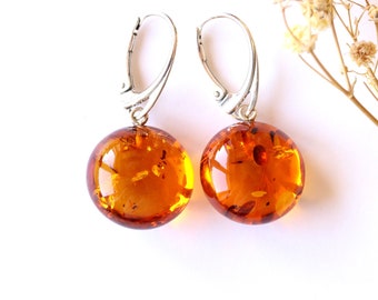 Golden amber earrings, round shape classic style Baltic amber earrings, amber and silver, orange small dangle earrings summer free style