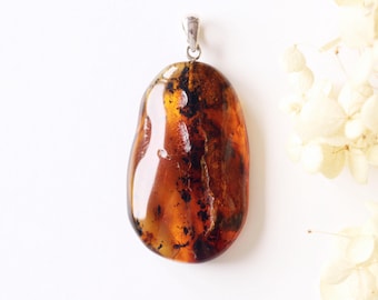 Natural Baltic Amber Pendant with Insect Inclusion, Drop Shape Fossil Sterling Silver