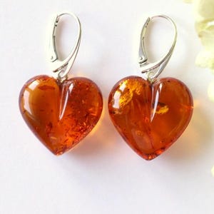 Heart shape orange amber earrings, love amber earrings, gemstone heart shape earrings, lovely gift for her, cognac heart baltic amber jewel