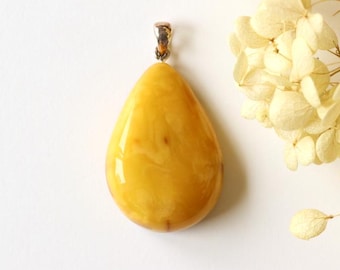 Unique orange yellow color amber pendant, genuine handmade Baltic amber jewelry, drop shape orange color amber stone pendant, gift for wife