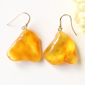 Lemon color long Baltic amber earrings, amber with sterling silver, clear transparent amber earrings, long dangle gemstone earrings gift