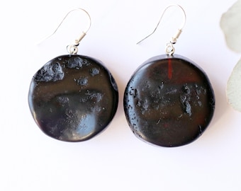 Super large black cherry Baltic amber earrings, round tablet shape amber gem earrings, unpolished amber earrings, gemstone jewellery mum
