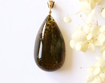 Natural Baltic Amber Pendant, Sterling Silver, Drop Shape, Lemon Green Inclusion Jewelry