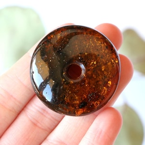 Black color amber donut stone, doughnut amber pendant, amber with hole, dark donut amber, organic boho style pendant, gift for brother