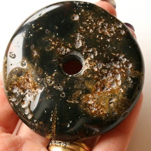 Super large black color amber pendant doughnut, genuine Baltic amber, organic donut black pendant stone, dark amber donut stone with hole