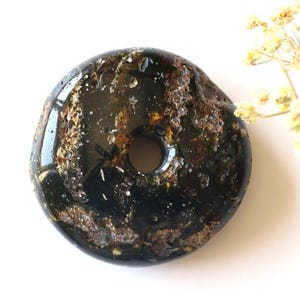 Massive black donut amber pendant, dark color large doughnut amber pendant, organic natural Baltic amber stone, amber with hole stone