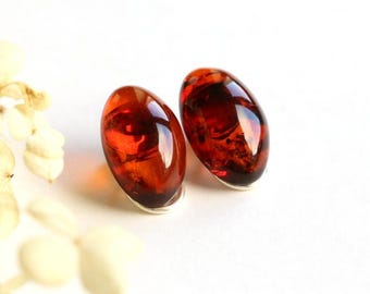 Oval clip on Baltic amber earrings, cognac & honey color classic amber jewelry, genuine Baltic amber clips model fashion earrings