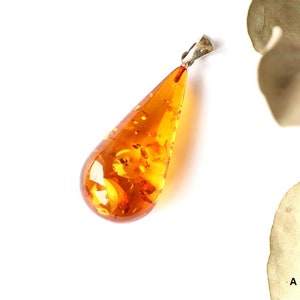 Cognac color amber pendant, golden shiny amber jewelry, natural Baltic amber stone, drop shape pendant with sterling silver, gift for mother