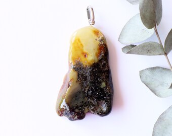 Very large raw natural Baltic amber pendant, ground color Baltic amber natural organic stone pendant, rectangle shape massive pendant