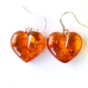 Heart dangle amber earrings, orange love heart Baltic amber earrings, natural amber jewelry, gem heart earrings, classic amber jewelry gift