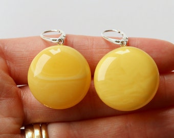 Very large orange Baltic amber earrings, round tablet shape yellow earrings, amber jewelry, amber and silver earrings, unique large amber