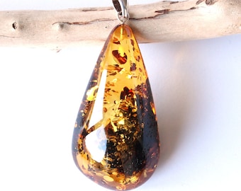Drop shape amber pendant, amber jewelry with silver, cognac color Baltic amber jewellery, Baltic sea stone pendant, large handmade amber