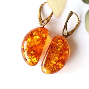 Long shiny amber earrings gold cognac amber jewelry natural Baltic jewellery lovely long cognac amber earrings gemstone earrings resin amber