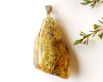 Unique design massive green color Baltic amber pendant with silver clasp, gemstone large lemon pendant with glitters, organic resin stone
