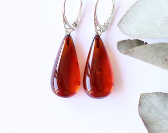 Light cherry color Baltic amber earrings with sterling silver, red color teardrop natural amber jewelry, drop burgundy color handmade amber