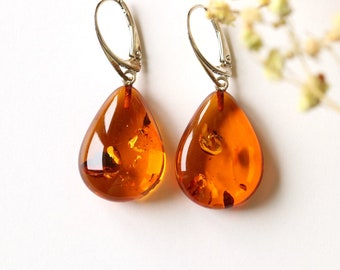 Orange shiny color Baltic amber earrings, natural baltic amber earrings, drop shape amber jewelry, gemstone gift for wife, organic resin