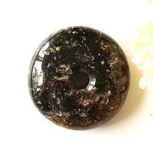 Black raw Baltic amber donut pendant, real unique natural pendant with hole, amber gift for husband, dark gemstone doughnut pendant