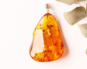 Massive Baltic amber pendant, drop large orange amber pendant, amber shiny glitters jewelry, natural baltic handmade jewellery, amber stone