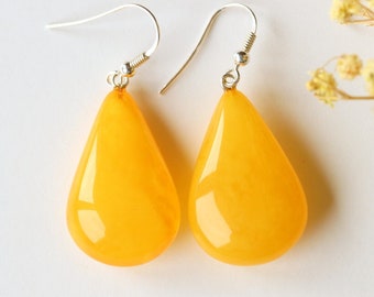 Massive drop shape orange amber earrings, natural Baltic amber dangle earrings, gem dark yellow honey amber earrings, classic amber jewelry