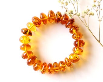 Baroque cognac color Baltic amber bracelet, natural Baltic amber jewelry, gold color round shape amber jewellery for woman, royal amber gift