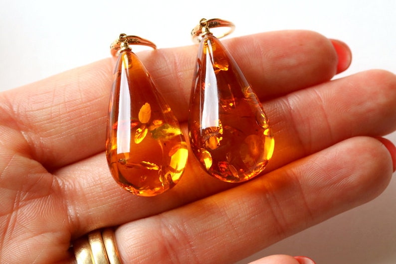 Very large dangle amber earrings, drop shape long orange amber earrings, unique massive earrings gift for mother, cognac shiny amber earring image 6