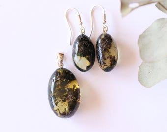 Lemon natural Baltic amber jewelry set, clear green statement earrings and pendant, handmade elegance amber jewelry set, amber jewellery