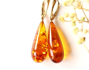 Massive long golden color Baltic amber earrings, orange dangle amber earrings, sparkling long earrings, amber gift anniversary for wife